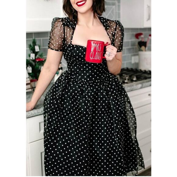 Black Polka Dot 1950s I Love Lucy Organza Swing Dress Rockabilly Sz L #15 - Picture 1 of 4